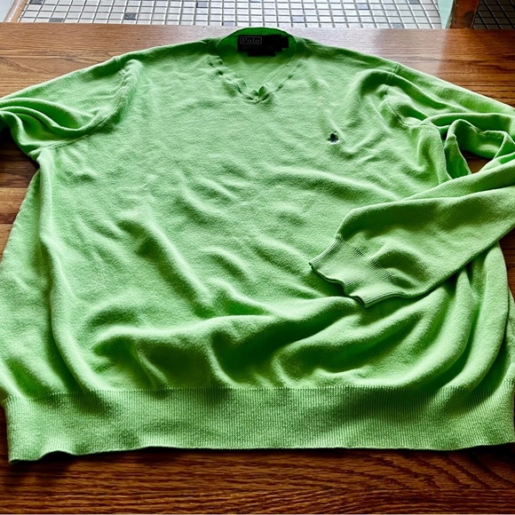 Polo Ralph Lauren Men's Large Bright Green Pima Cotton V-Neck Sweater - Picture 4 of 8
